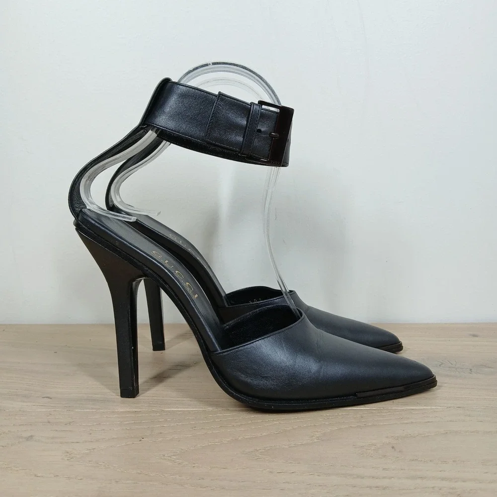Gucci Heels Women 6B Black Leather Ankle Strap Pointed Toe Stiletto Dress Shoes
